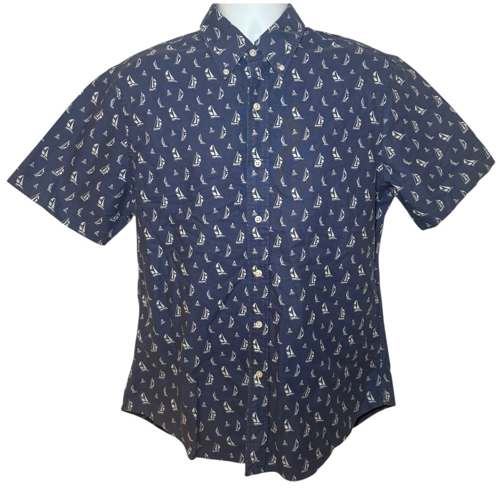 Ralph Lauren Mens L Slim Fit Shirt Blue Short Sleeve Button Down Sailboat Print - Picture 2 of 8